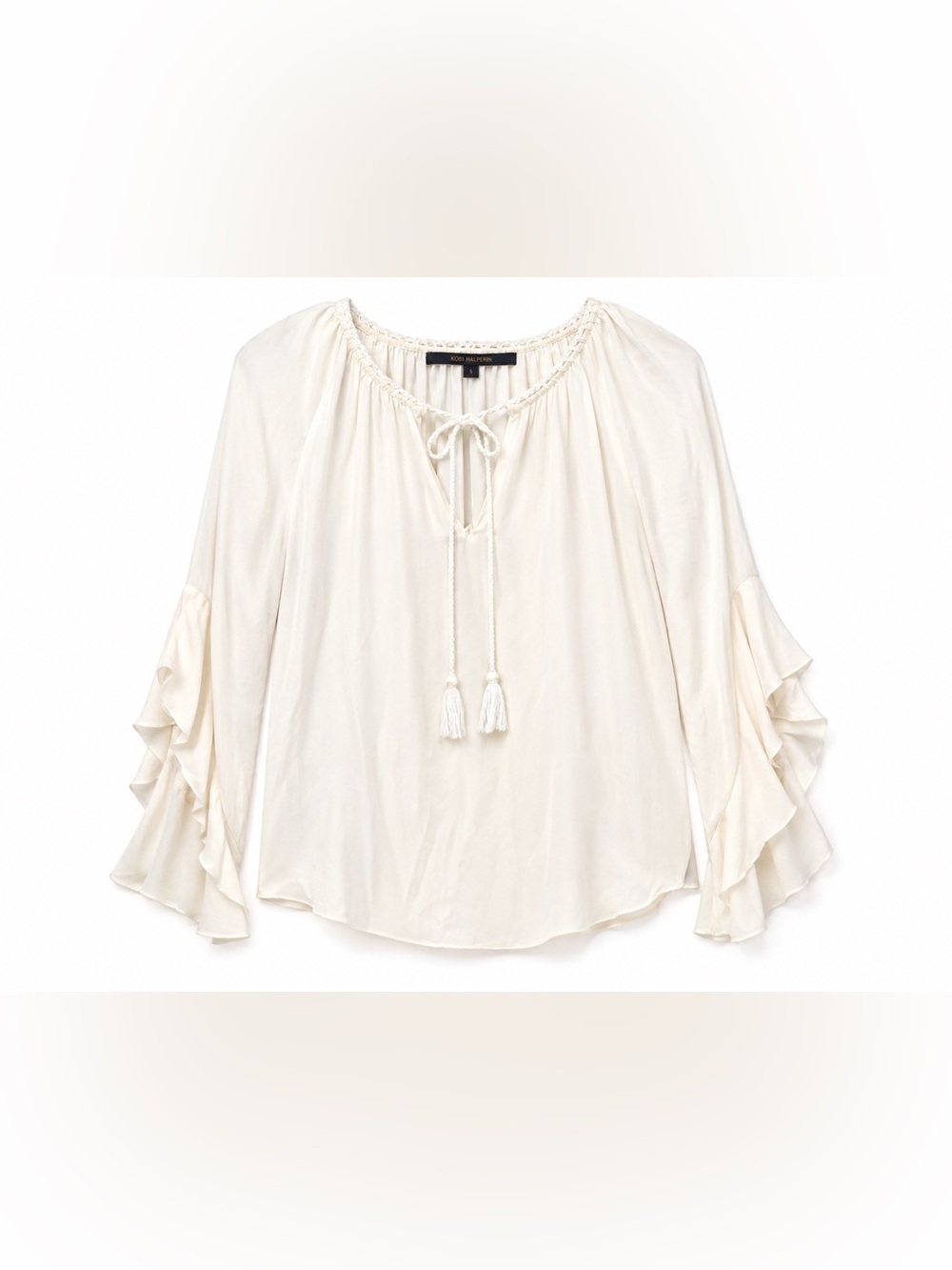 Kobi Halperin 100% Silk Ivory Blouse S Tie Neck Ruffle Sleeve Boho Luxe Romantic